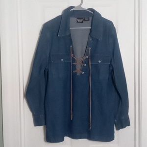 Denim pullover lace up tunic Crossing Pointe